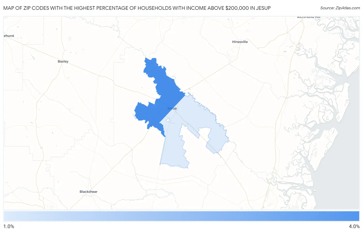 Zip Codes with the Highest Percentage of Households with Income Above $200,000 in Jesup Map