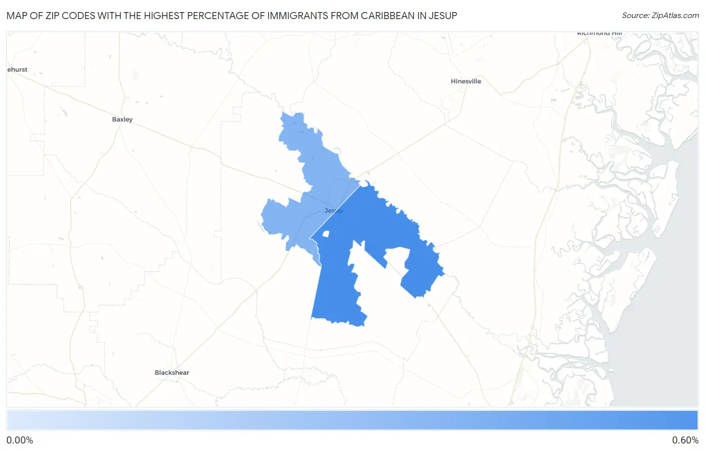 Zip Codes with the Highest Percentage of Immigrants from Caribbean in Jesup Map