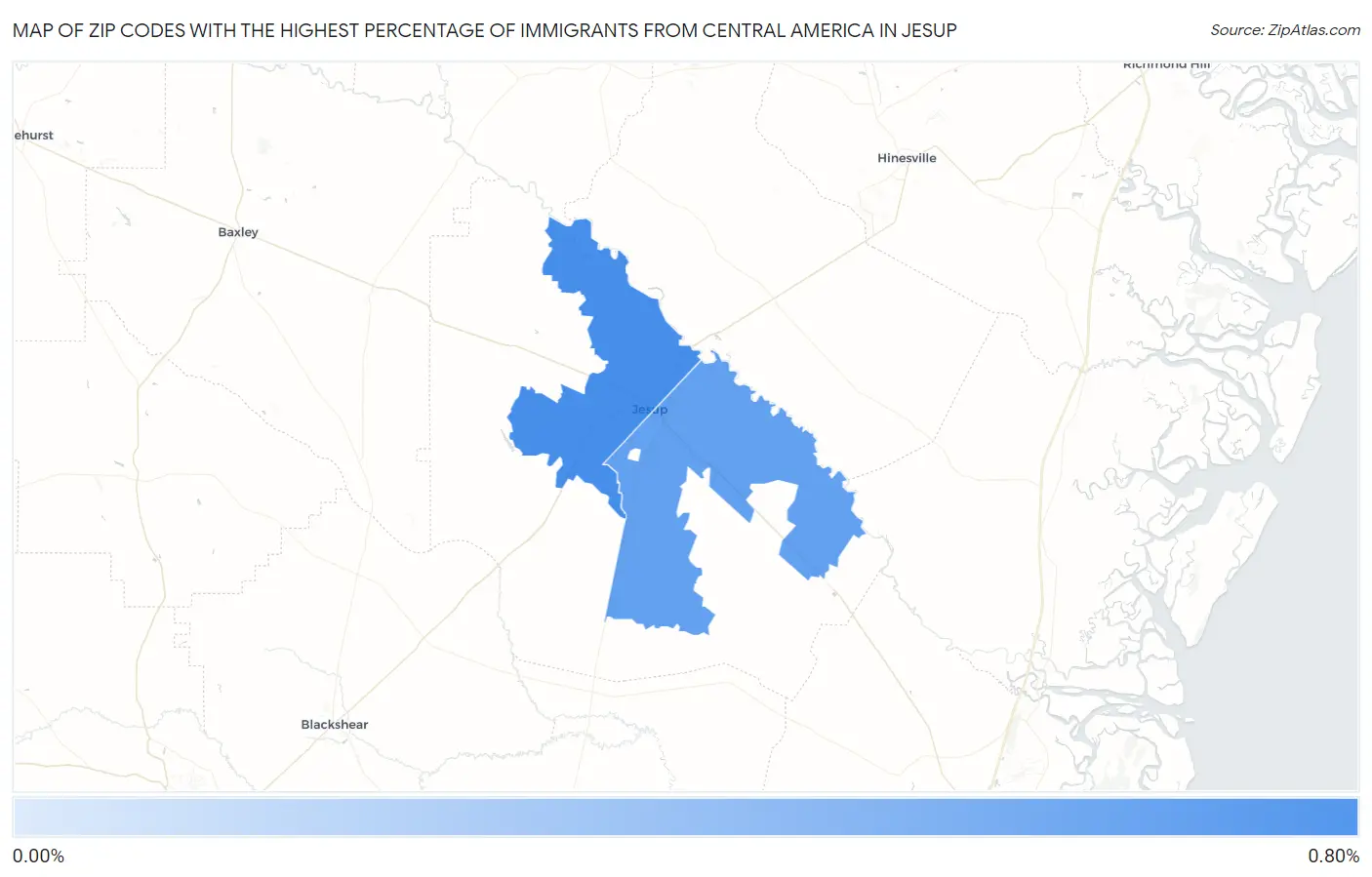 Zip Codes with the Highest Percentage of Immigrants from Central America in Jesup Map