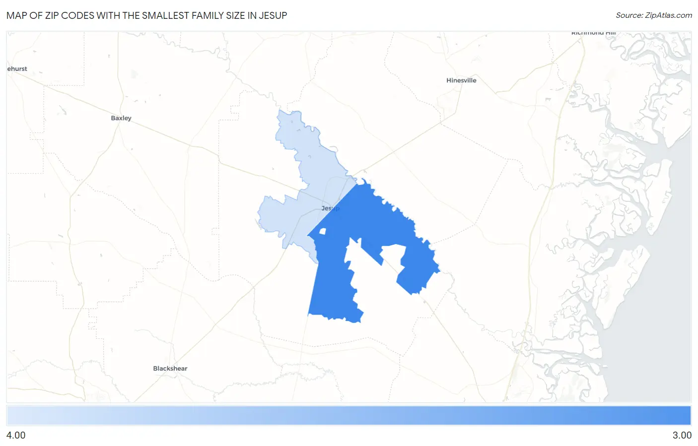 Zip Codes with the Smallest Family Size in Jesup Map