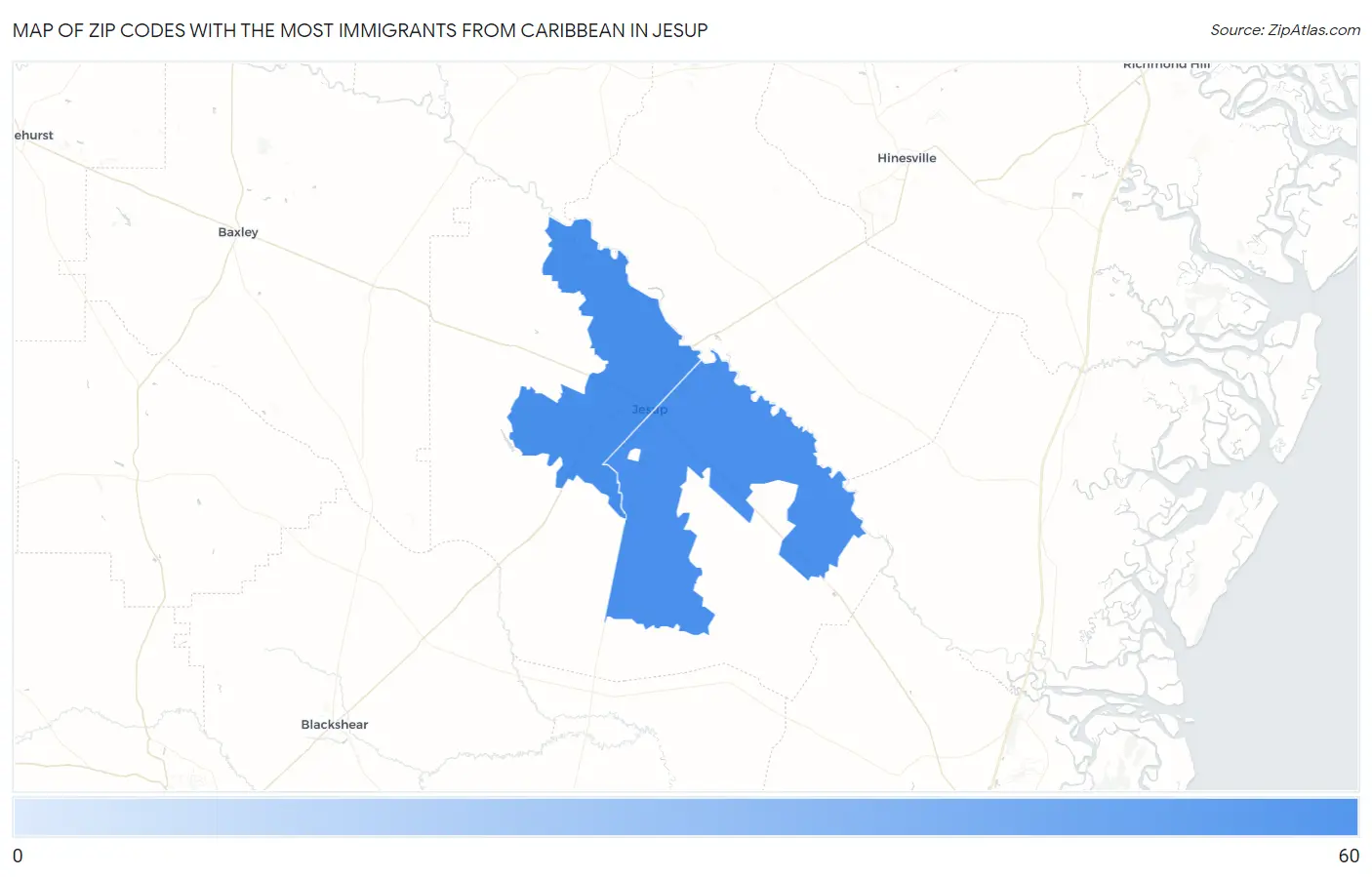 Zip Codes with the Most Immigrants from Caribbean in Jesup Map