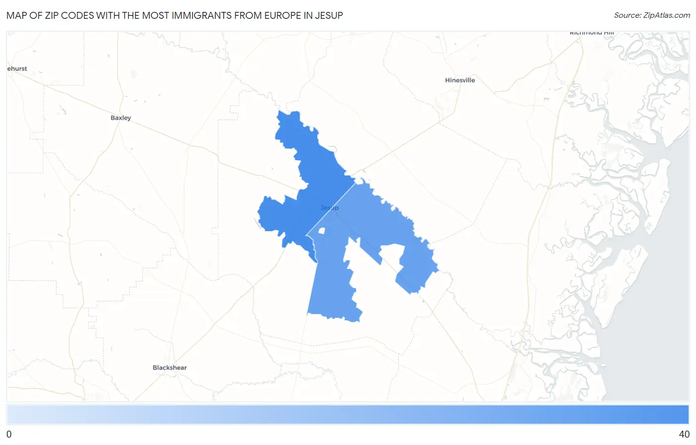 Zip Codes with the Most Immigrants from Europe in Jesup Map