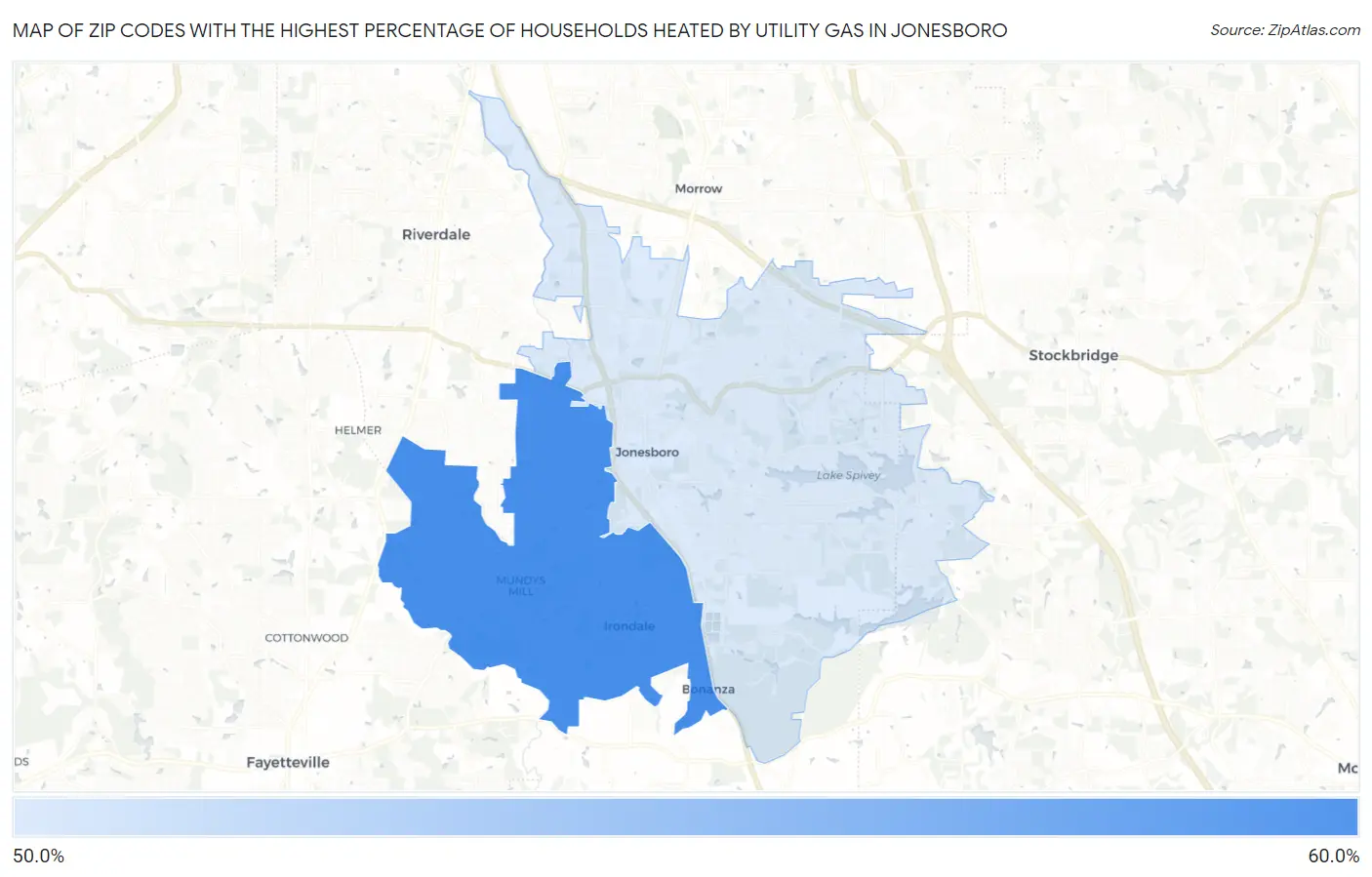 Zip Codes with the Highest Percentage of Households Heated by Utility Gas in Jonesboro Map