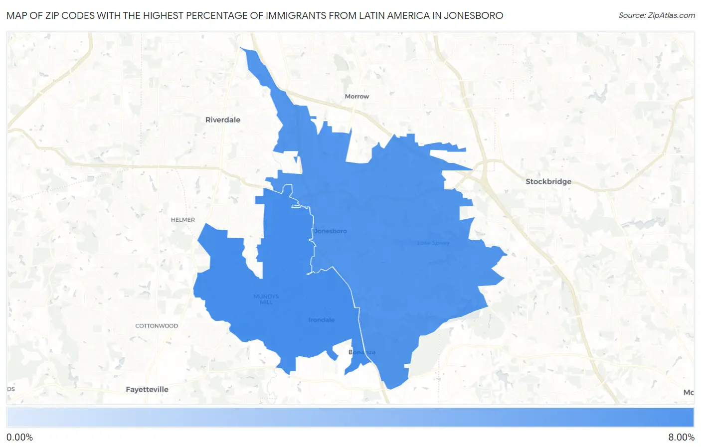 Zip Codes with the Highest Percentage of Immigrants from Latin America in Jonesboro Map