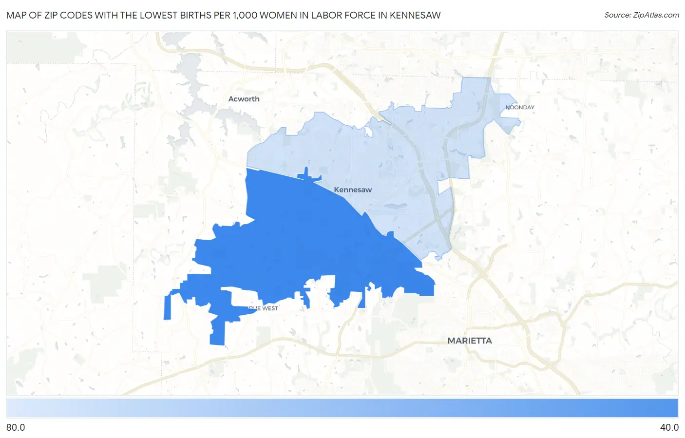 Zip Codes with the Lowest Births per 1,000 Women in Labor Force in Kennesaw Map
