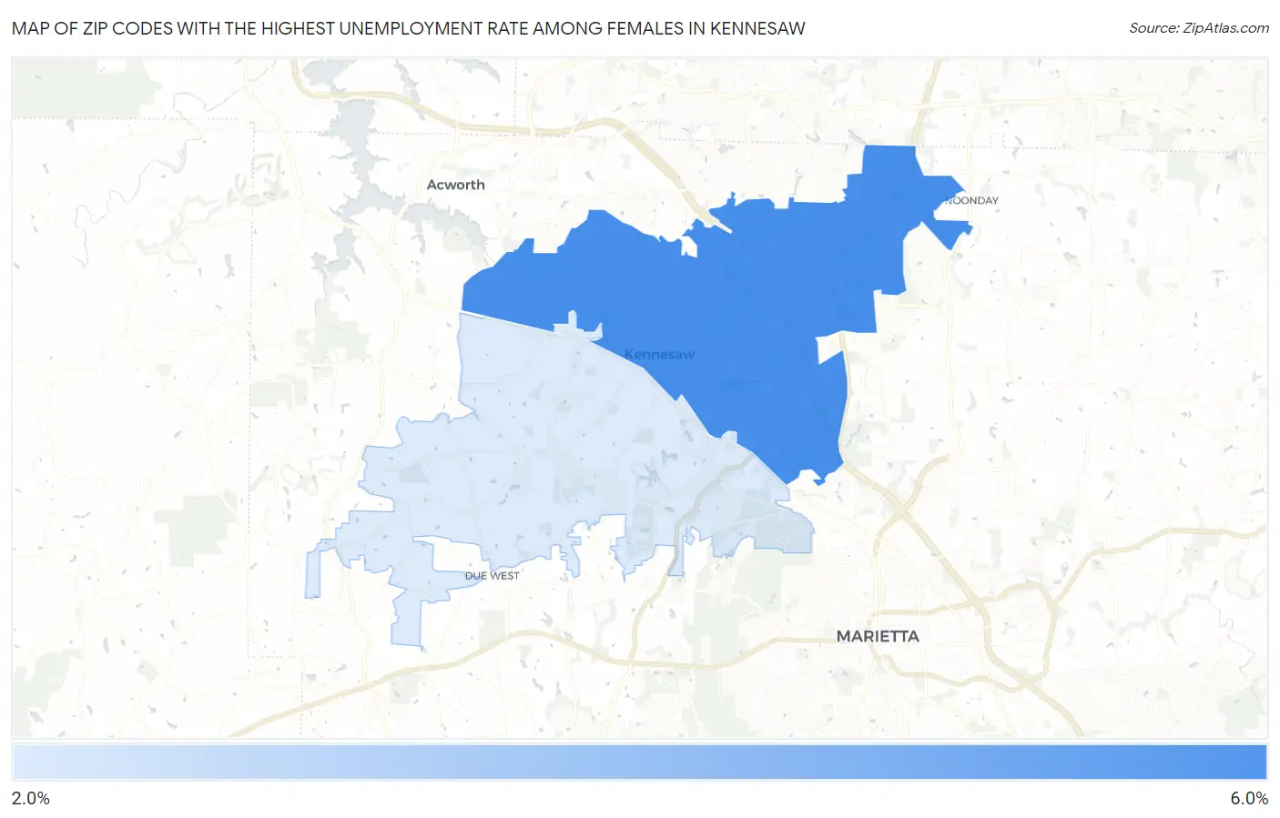 Zip Codes with the Highest Unemployment Rate Among Females in Kennesaw Map