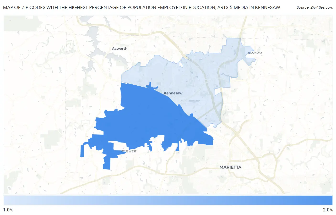 Zip Codes with the Highest Percentage of Population Employed in Education, Arts & Media in Kennesaw Map