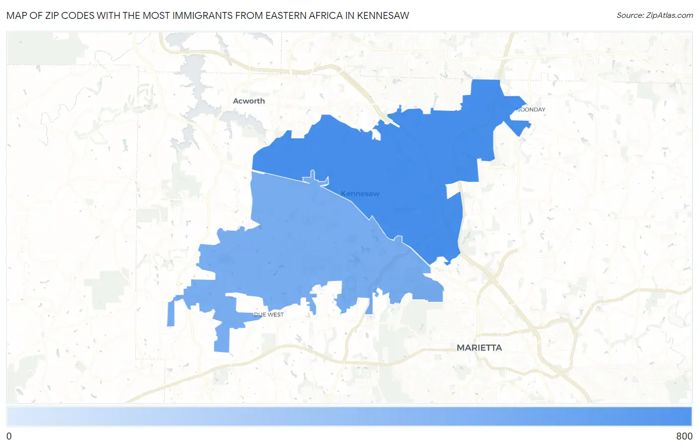 Zip Codes with the Most Immigrants from Eastern Africa in Kennesaw Map