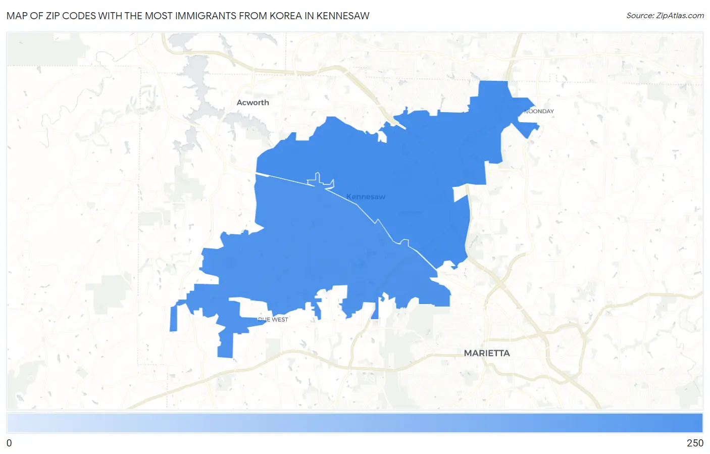 Zip Codes with the Most Immigrants from Korea in Kennesaw Map
