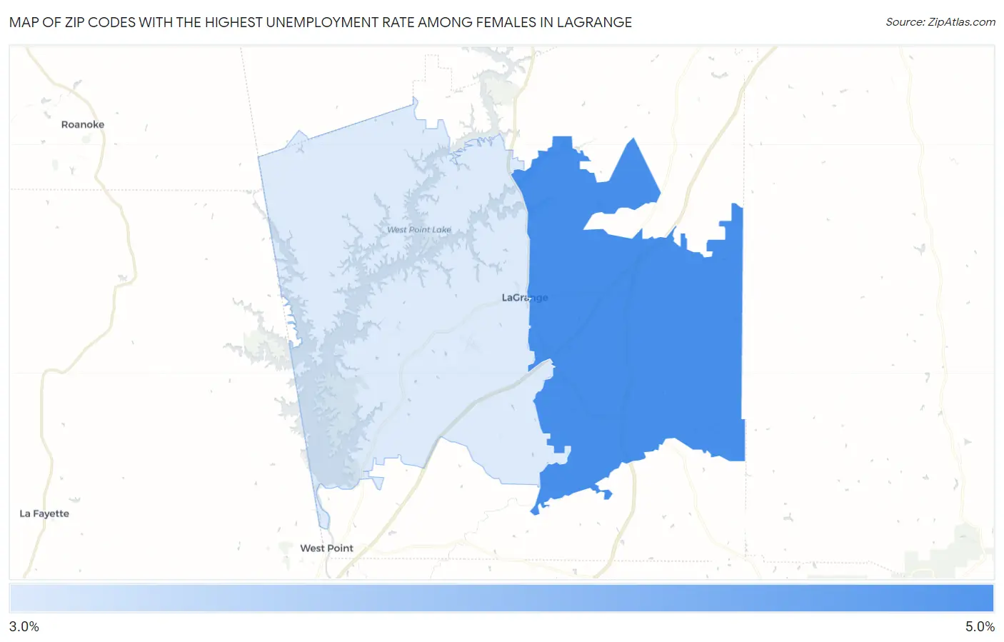 Zip Codes with the Highest Unemployment Rate Among Females in Lagrange Map