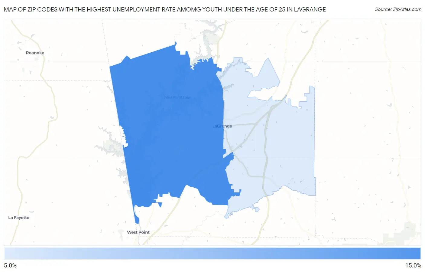 Zip Codes with the Highest Unemployment Rate Amomg Youth Under the Age of 25 in Lagrange Map