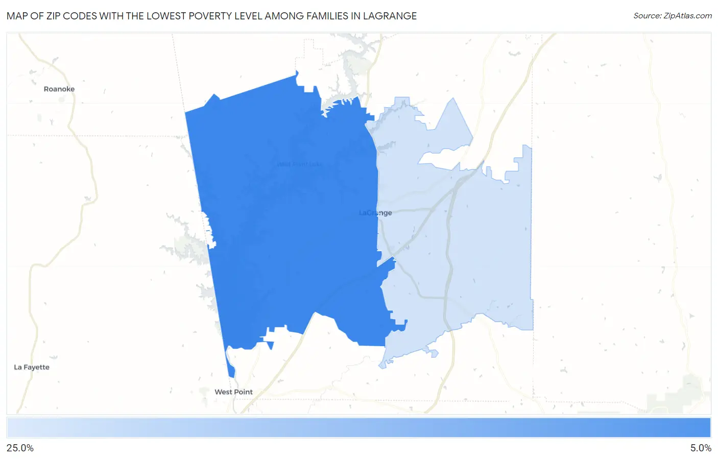 Zip Codes with the Lowest Poverty Level Among Families in Lagrange Map