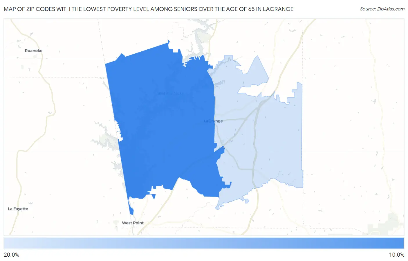 Zip Codes with the Lowest Poverty Level Among Seniors Over the Age of 65 in Lagrange Map