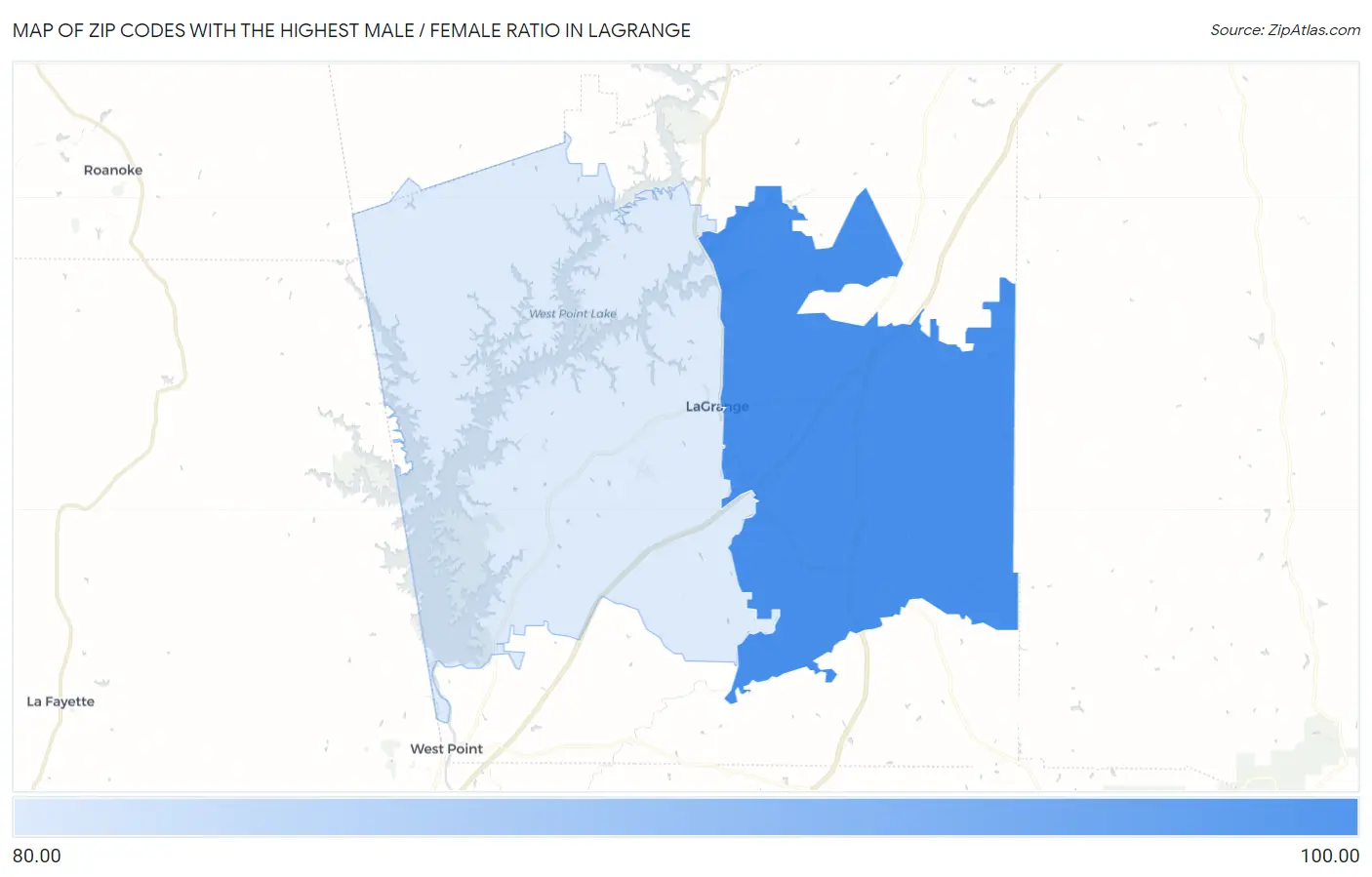 Zip Codes with the Highest Male / Female Ratio in Lagrange Map