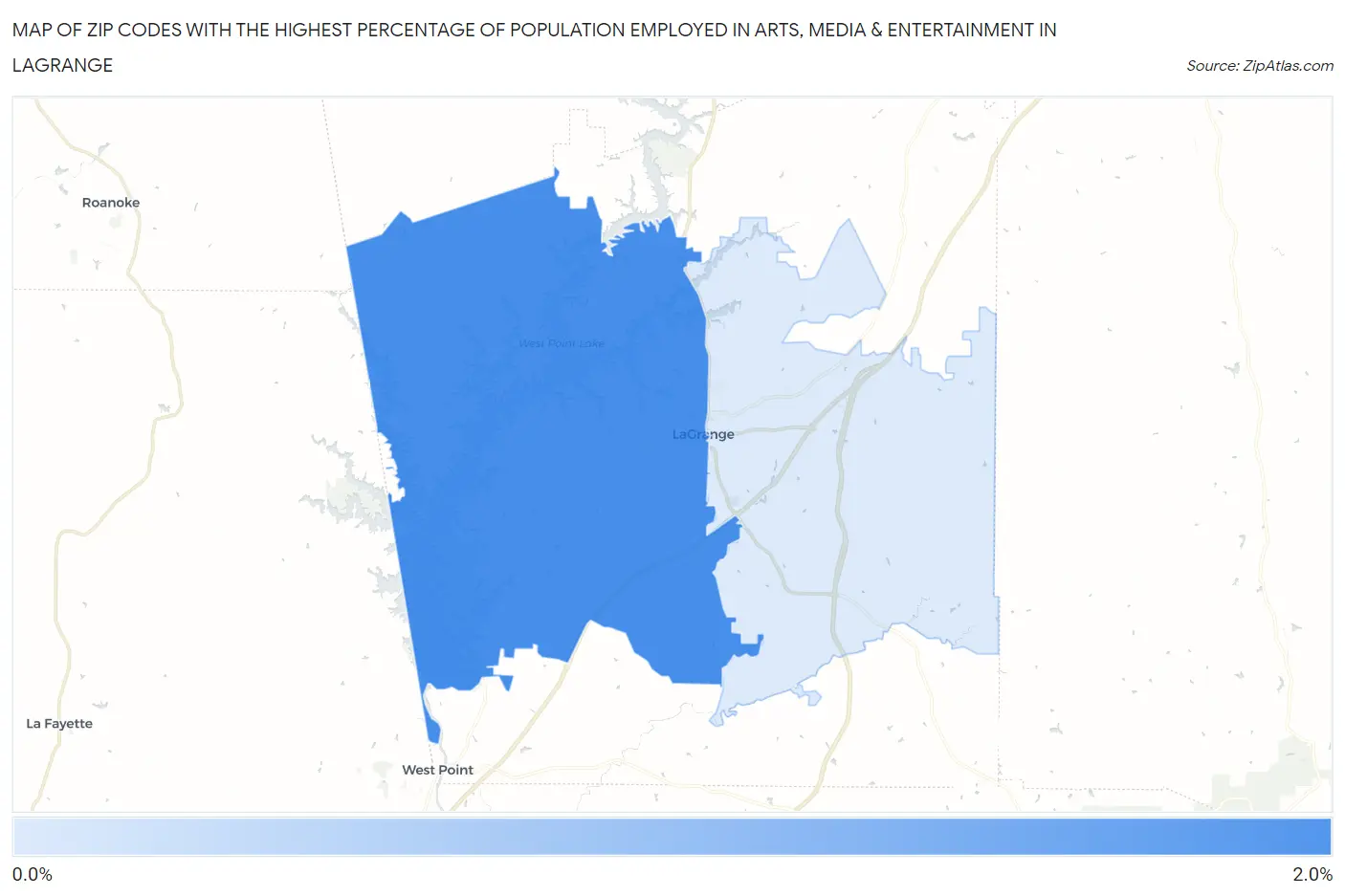 Zip Codes with the Highest Percentage of Population Employed in Arts, Media & Entertainment in Lagrange Map