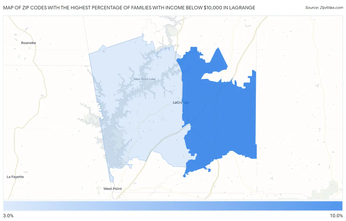 Zip Codes with the Highest Percentage of Families with Income Below $10,000 in Lagrange Map