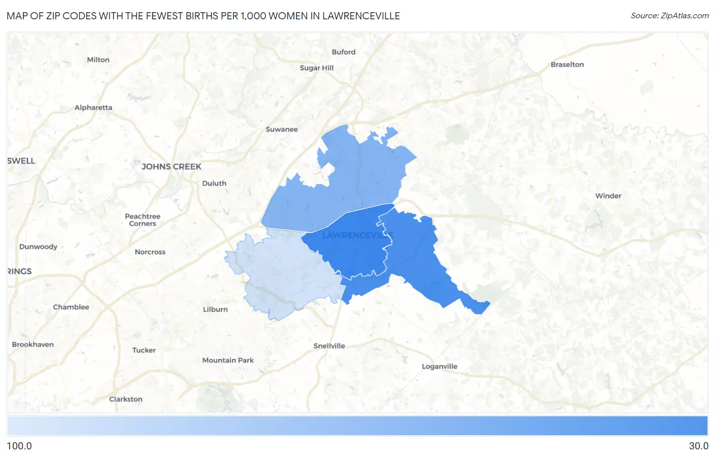 Zip Codes with the Fewest Births per 1,000 Women in Lawrenceville Map