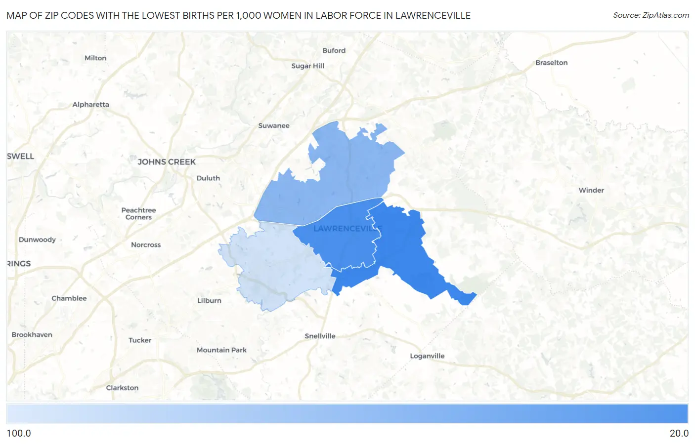 Zip Codes with the Lowest Births per 1,000 Women in Labor Force in Lawrenceville Map