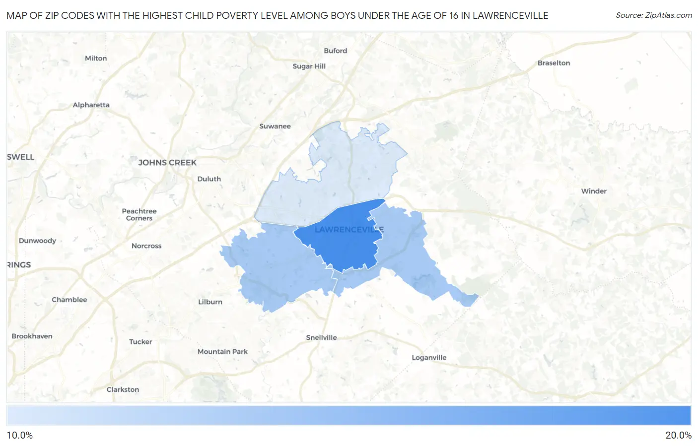 Zip Codes with the Highest Child Poverty Level Among Boys Under the Age of 16 in Lawrenceville Map