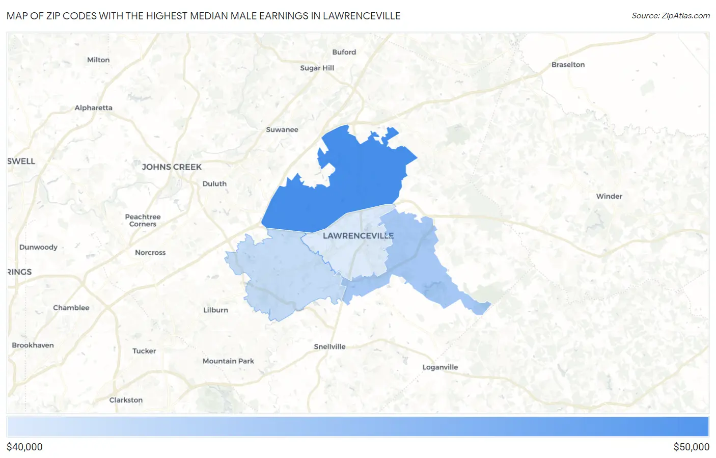 Zip Codes with the Highest Median Male Earnings in Lawrenceville Map