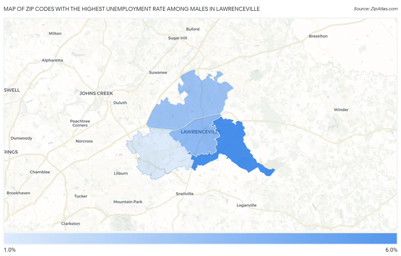 Zip Codes with the Highest Unemployment Rate Among Males in Lawrenceville Map