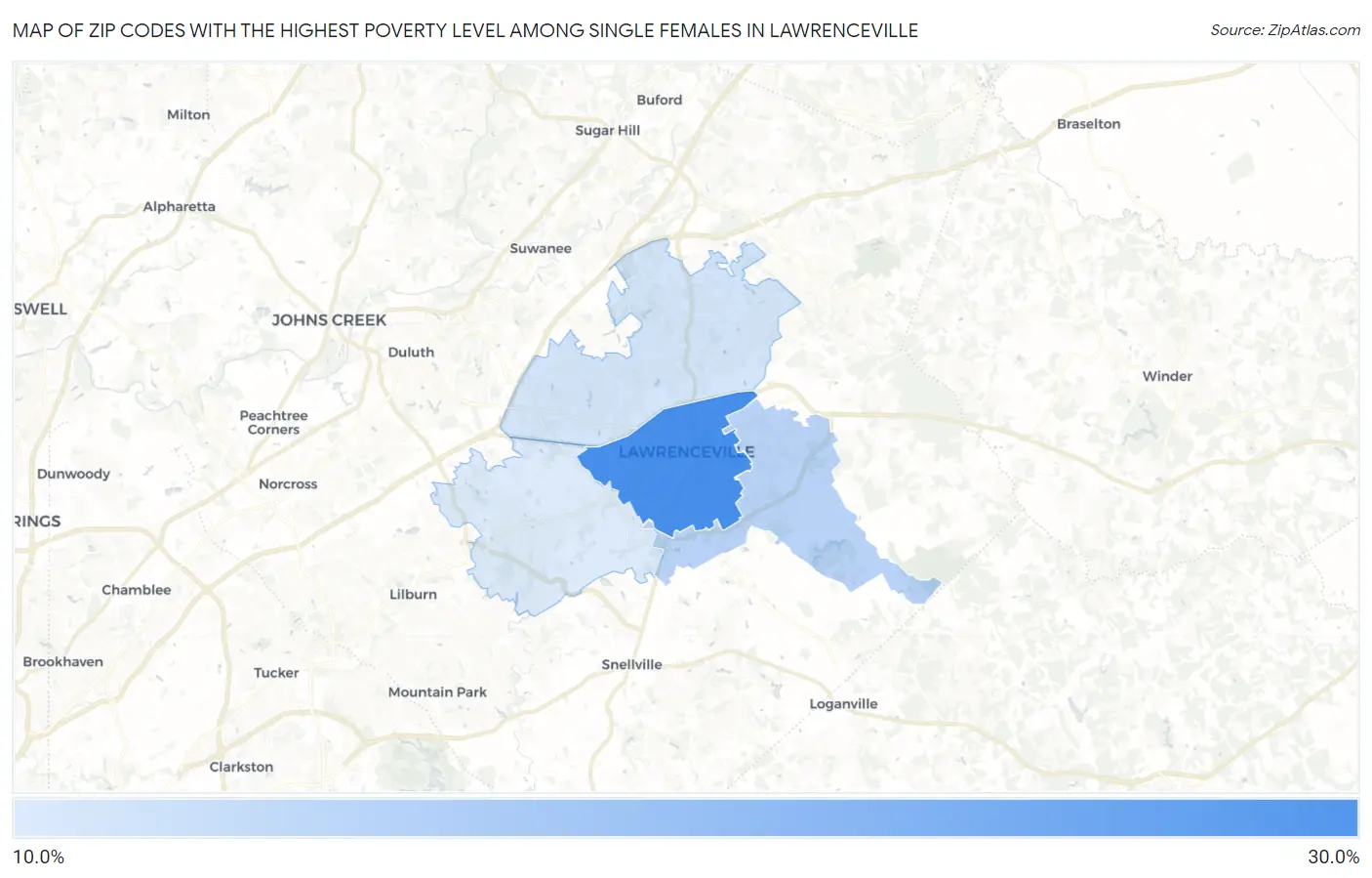 Zip Codes with the Highest Poverty Level Among Single Females in Lawrenceville Map