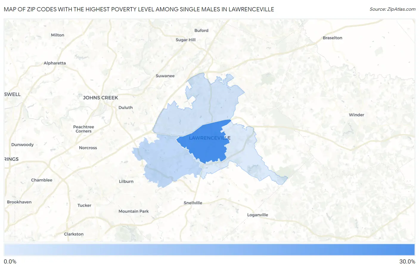 Zip Codes with the Highest Poverty Level Among Single Males in Lawrenceville Map