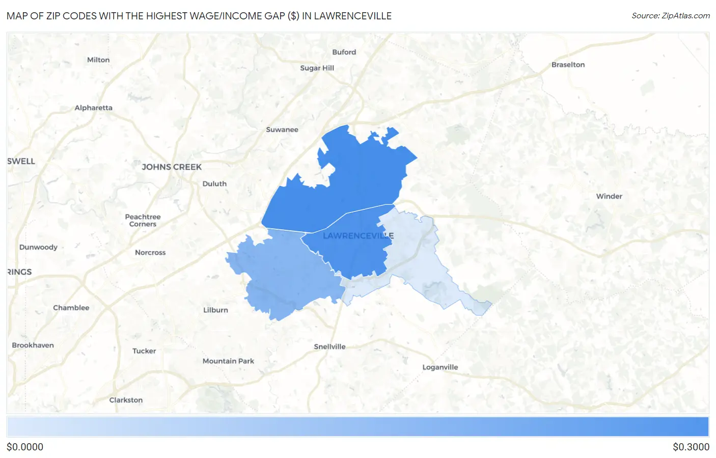 Zip Codes with the Highest Wage/Income Gap ($) in Lawrenceville Map