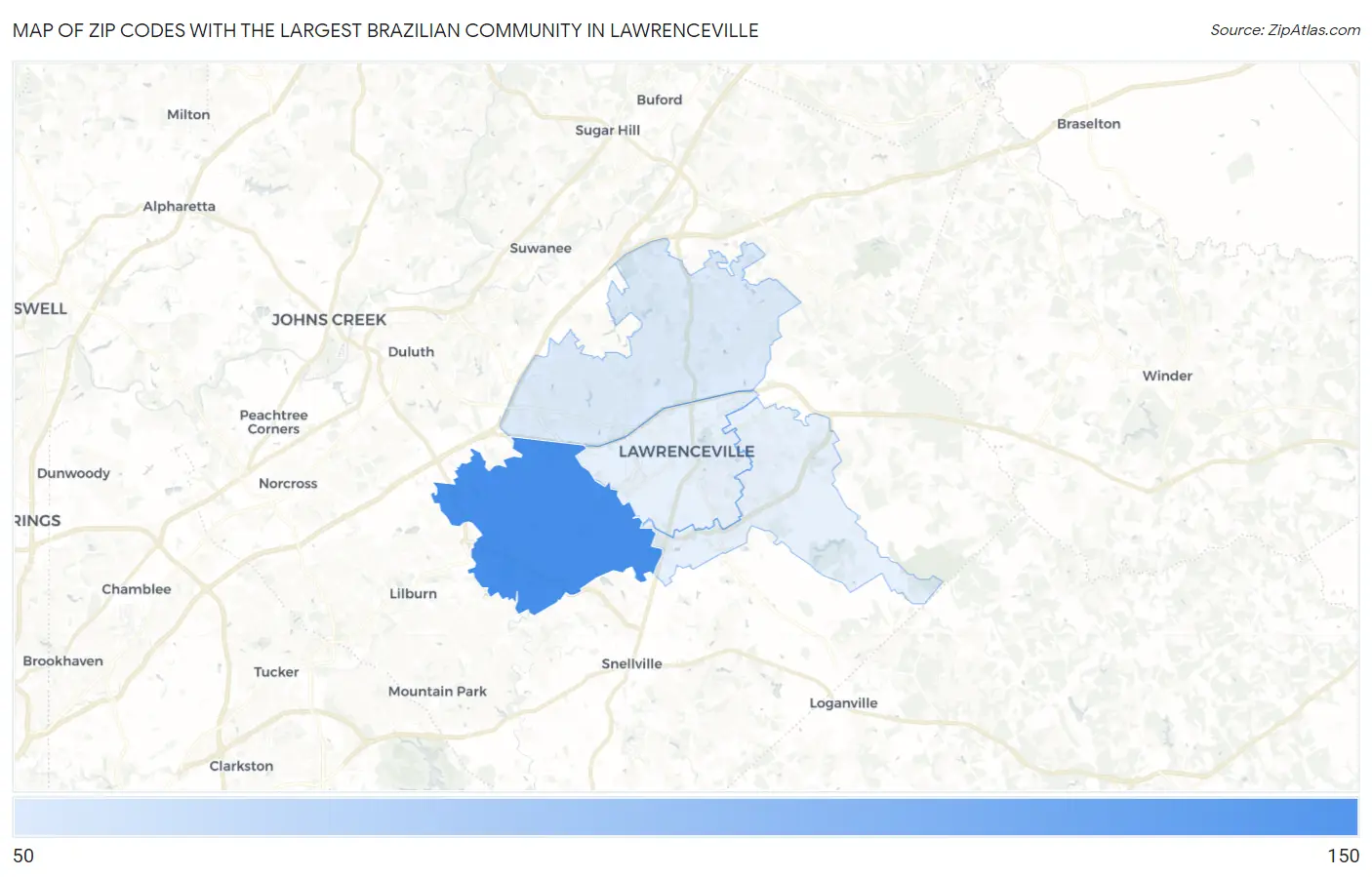 Zip Codes with the Largest Brazilian Community in Lawrenceville Map