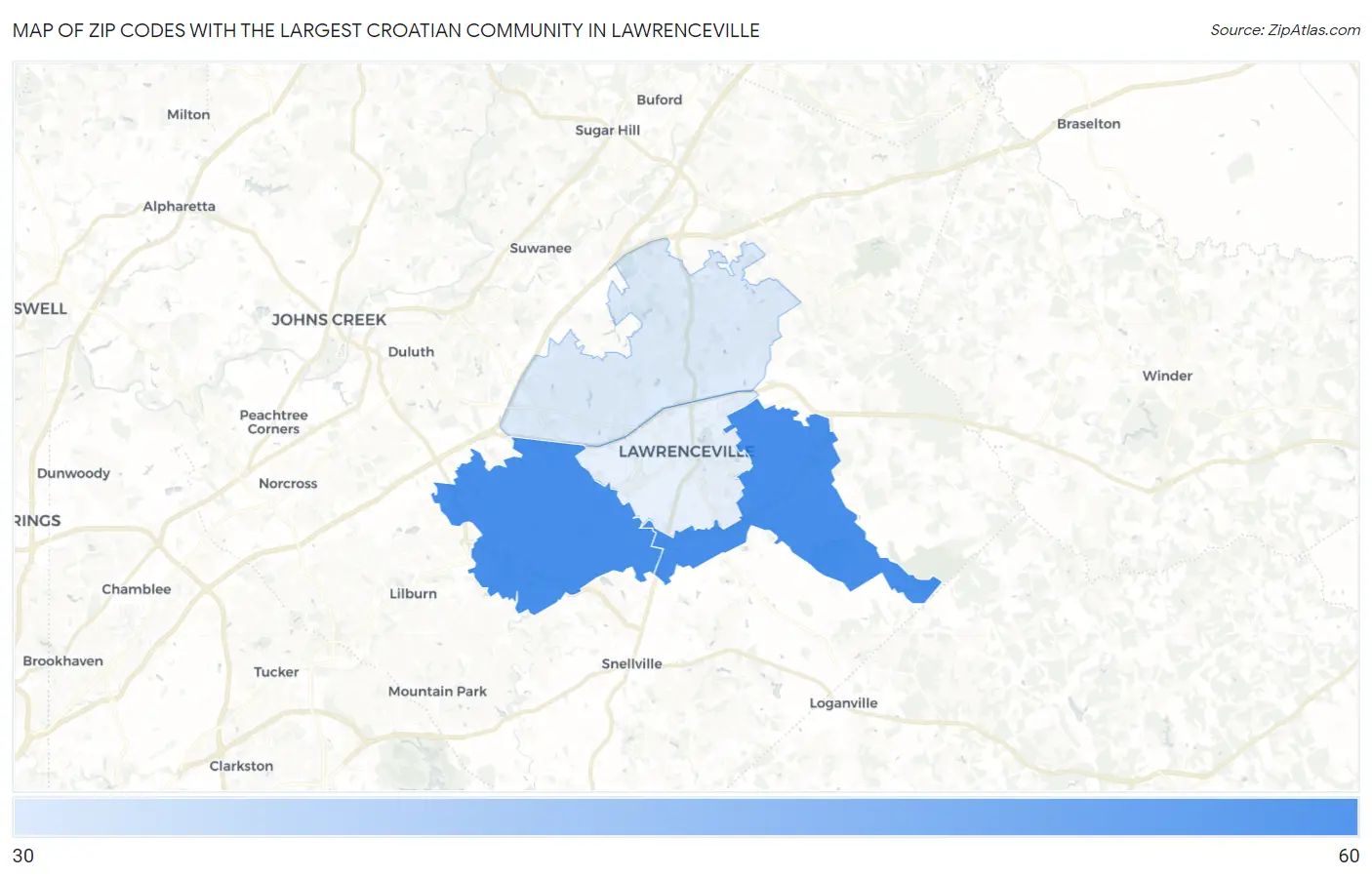 Zip Codes with the Largest Croatian Community in Lawrenceville Map