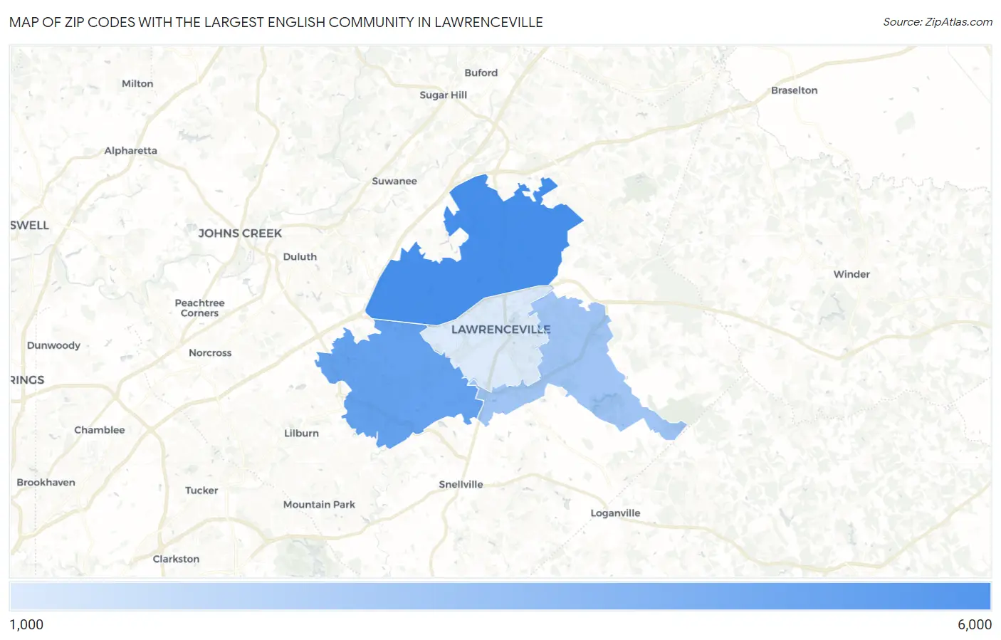 Zip Codes with the Largest English Community in Lawrenceville Map