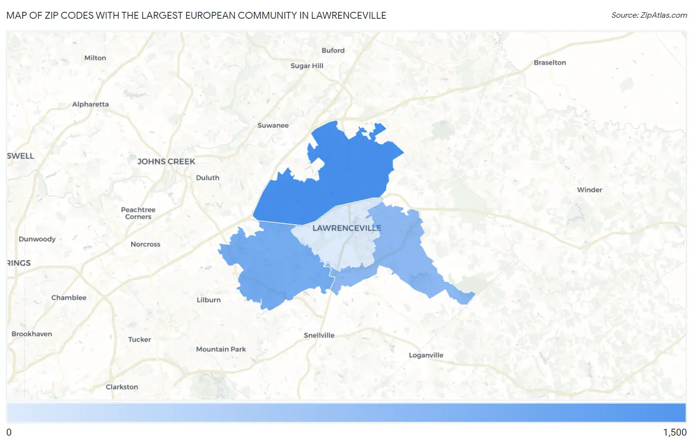 Zip Codes with the Largest European Community in Lawrenceville Map