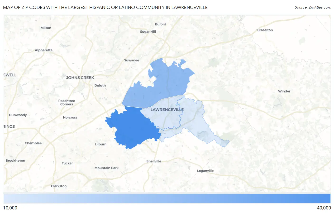 Zip Codes with the Largest Hispanic or Latino Community in Lawrenceville Map