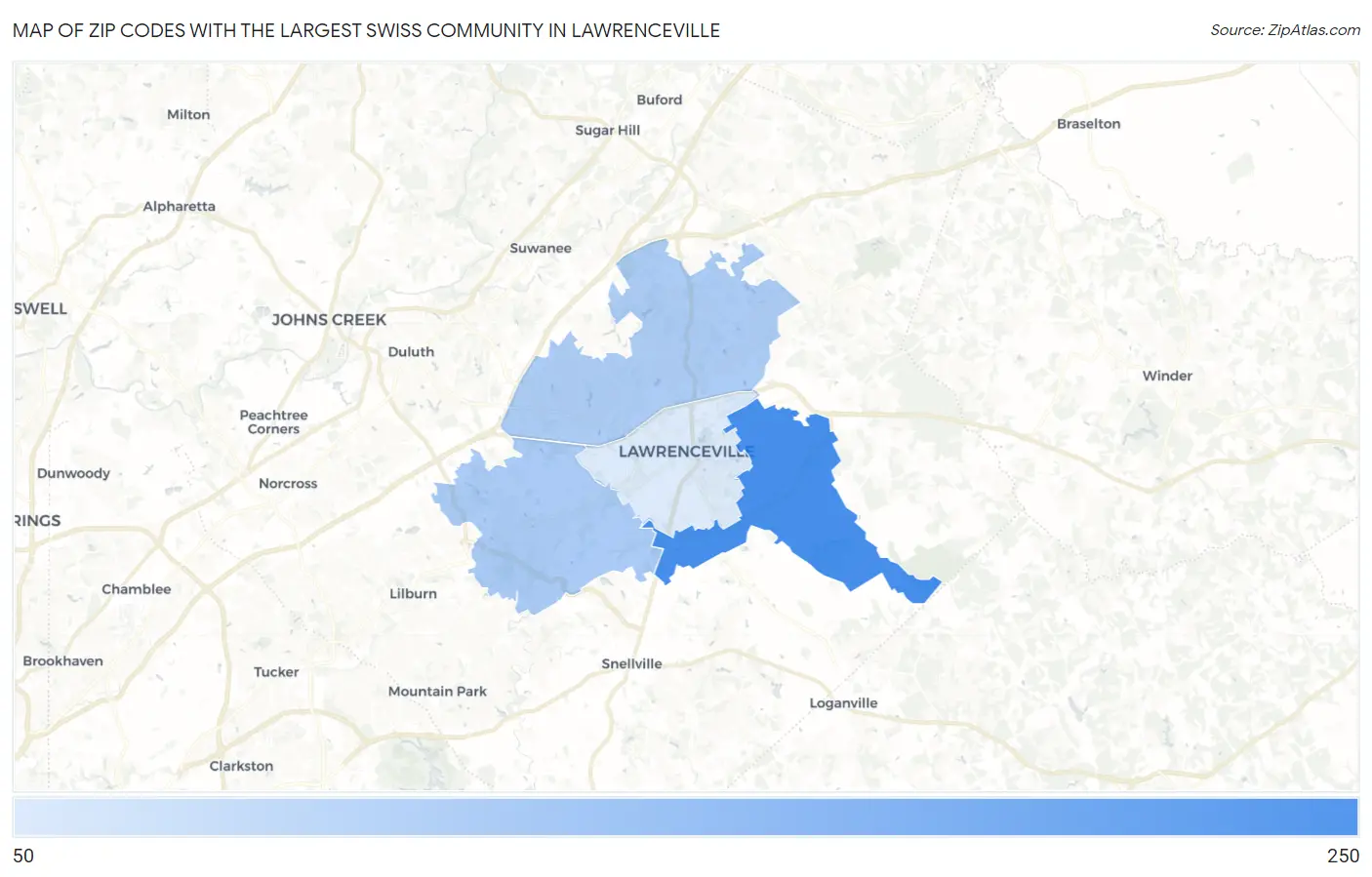 Zip Codes with the Largest Swiss Community in Lawrenceville Map
