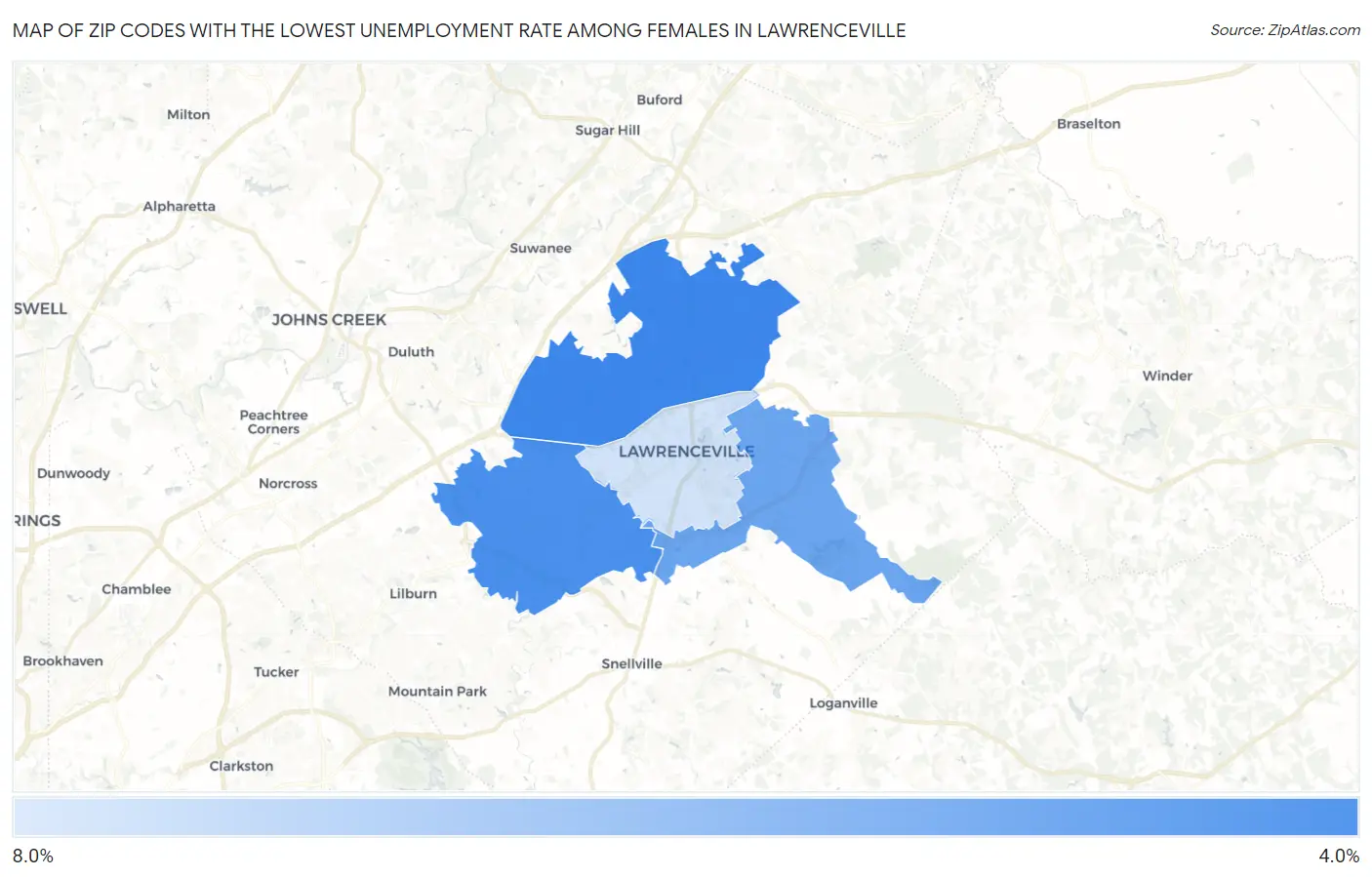Zip Codes with the Lowest Unemployment Rate Among Females in Lawrenceville Map