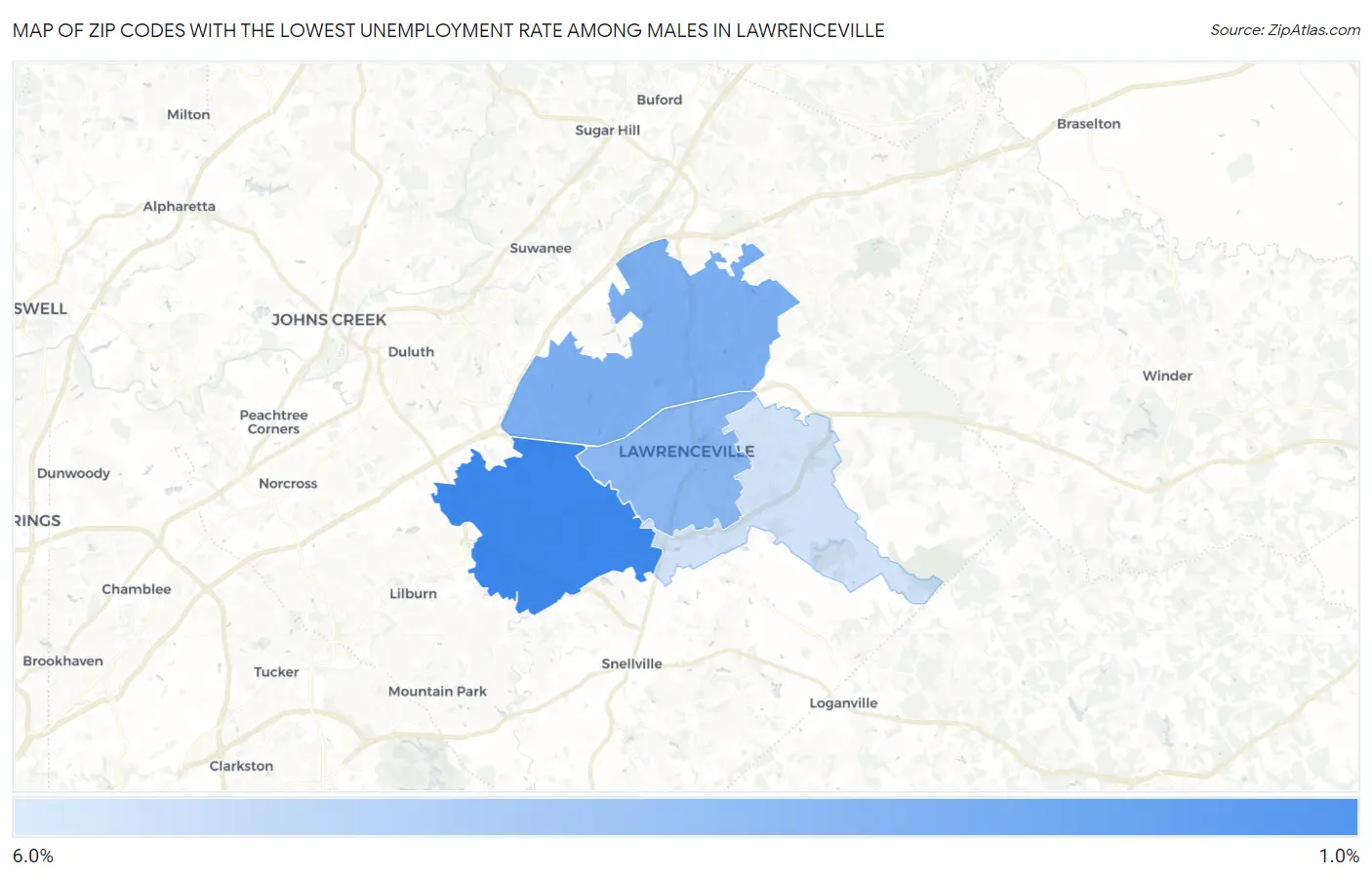 Zip Codes with the Lowest Unemployment Rate Among Males in Lawrenceville Map