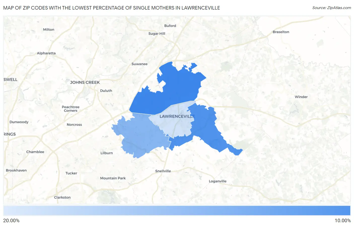 Zip Codes with the Lowest Percentage of Single Mothers in Lawrenceville Map
