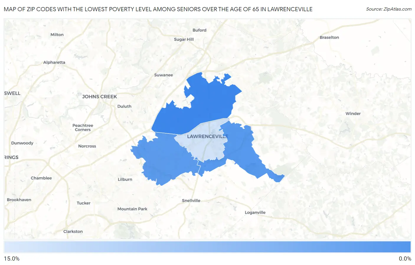 Zip Codes with the Lowest Poverty Level Among Seniors Over the Age of 65 in Lawrenceville Map