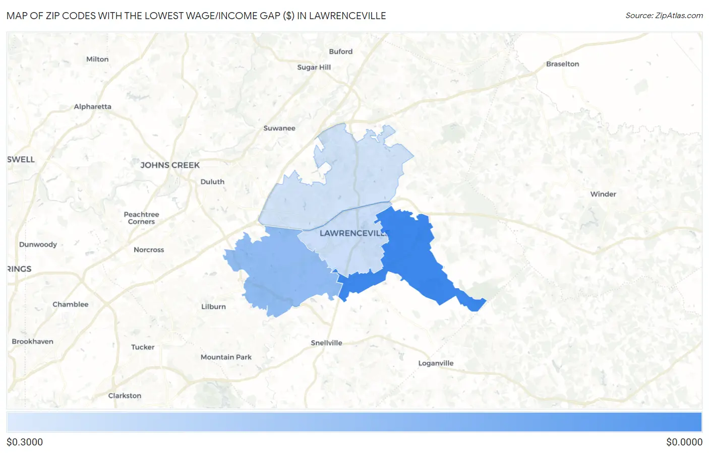 Zip Codes with the Lowest Wage/Income Gap ($) in Lawrenceville Map