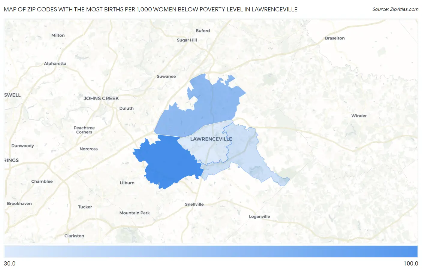 Zip Codes with the Most Births per 1,000 Women Below Poverty Level in Lawrenceville Map