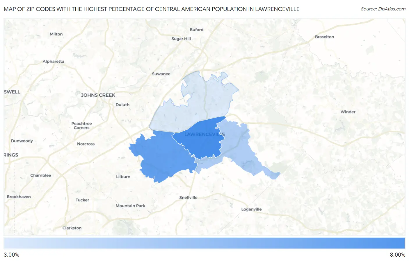 Zip Codes with the Highest Percentage of Central American Population in Lawrenceville Map
