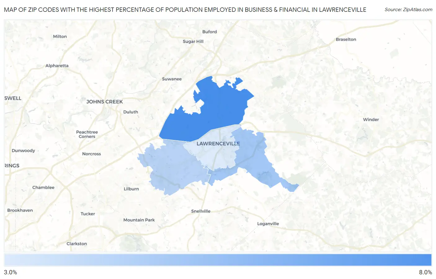 Zip Codes with the Highest Percentage of Population Employed in Business & Financial in Lawrenceville Map