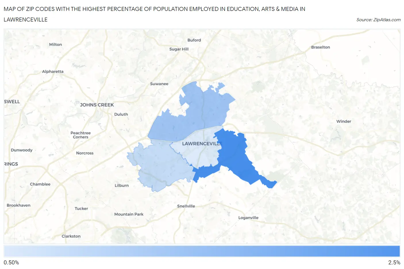 Zip Codes with the Highest Percentage of Population Employed in Education, Arts & Media in Lawrenceville Map