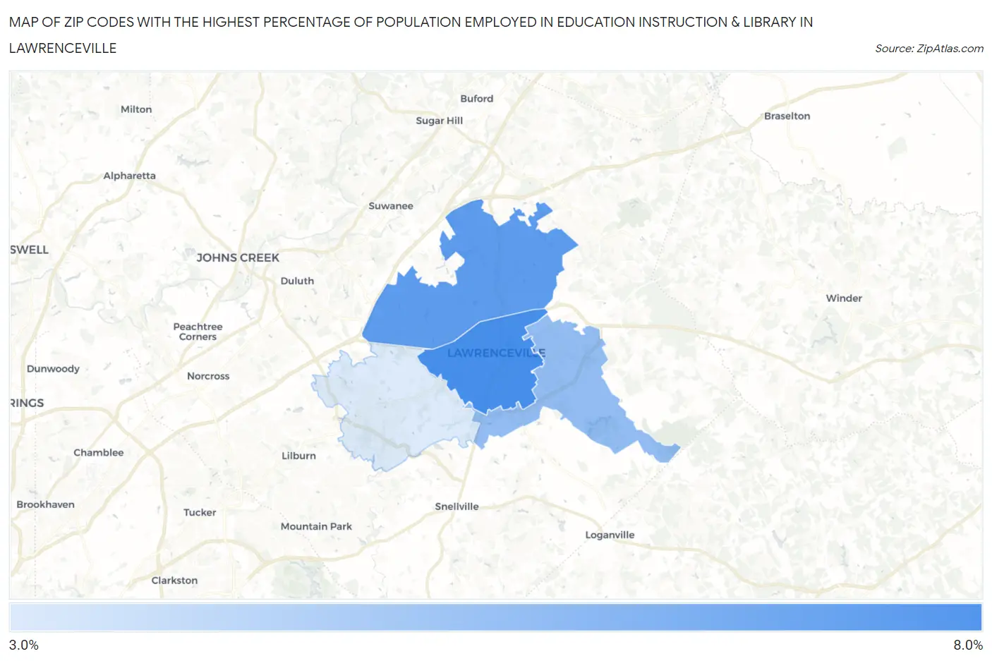 Zip Codes with the Highest Percentage of Population Employed in Education Instruction & Library in Lawrenceville Map