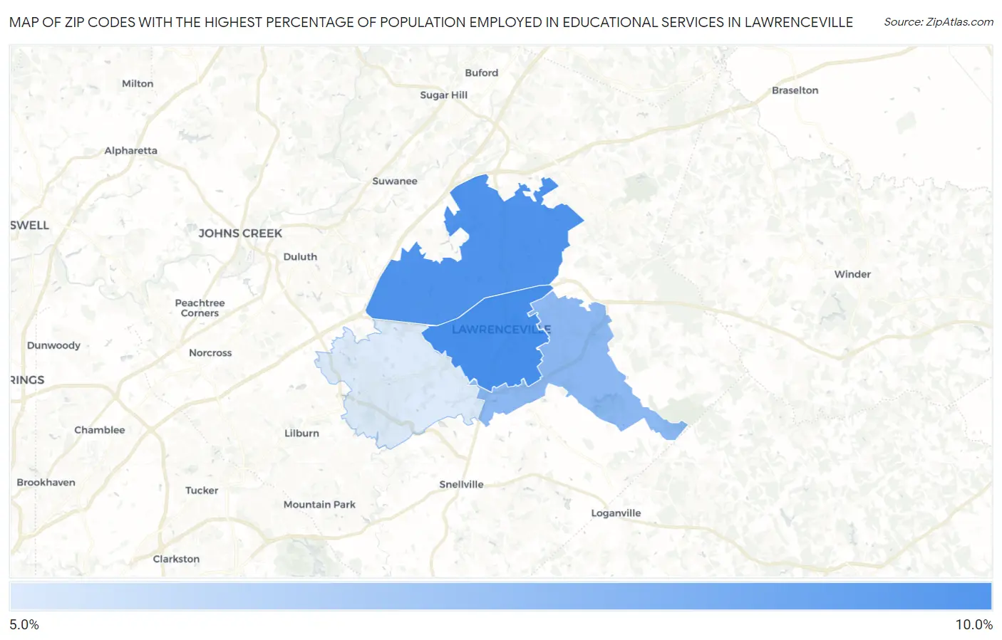 Zip Codes with the Highest Percentage of Population Employed in Educational Services in Lawrenceville Map