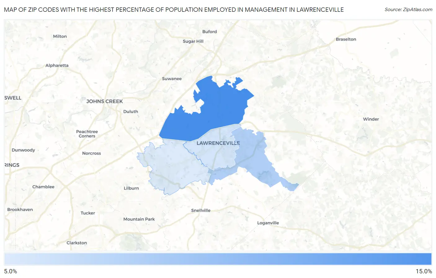 Zip Codes with the Highest Percentage of Population Employed in Management in Lawrenceville Map