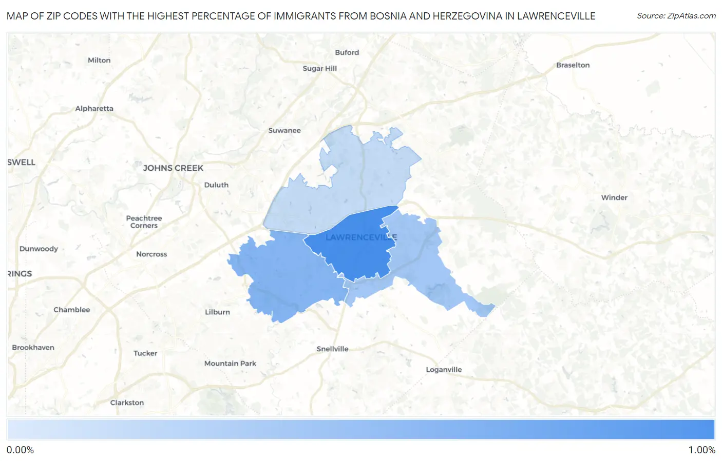Zip Codes with the Highest Percentage of Immigrants from Bosnia and Herzegovina in Lawrenceville Map