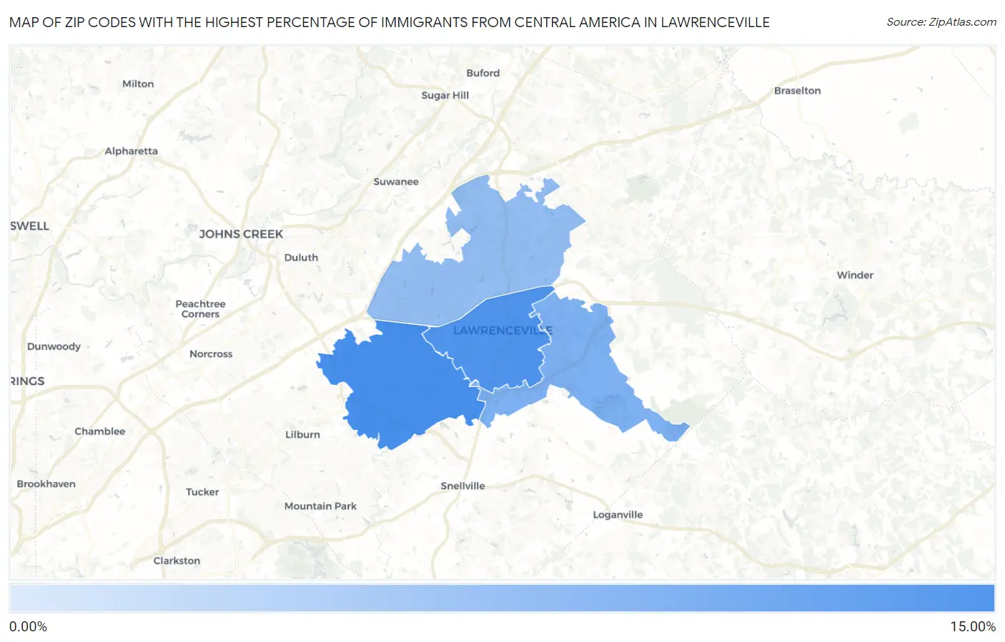 Zip Codes with the Highest Percentage of Immigrants from Central America in Lawrenceville Map