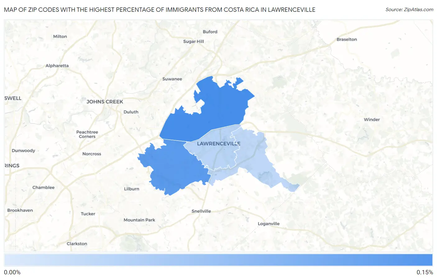 Zip Codes with the Highest Percentage of Immigrants from Costa Rica in Lawrenceville Map