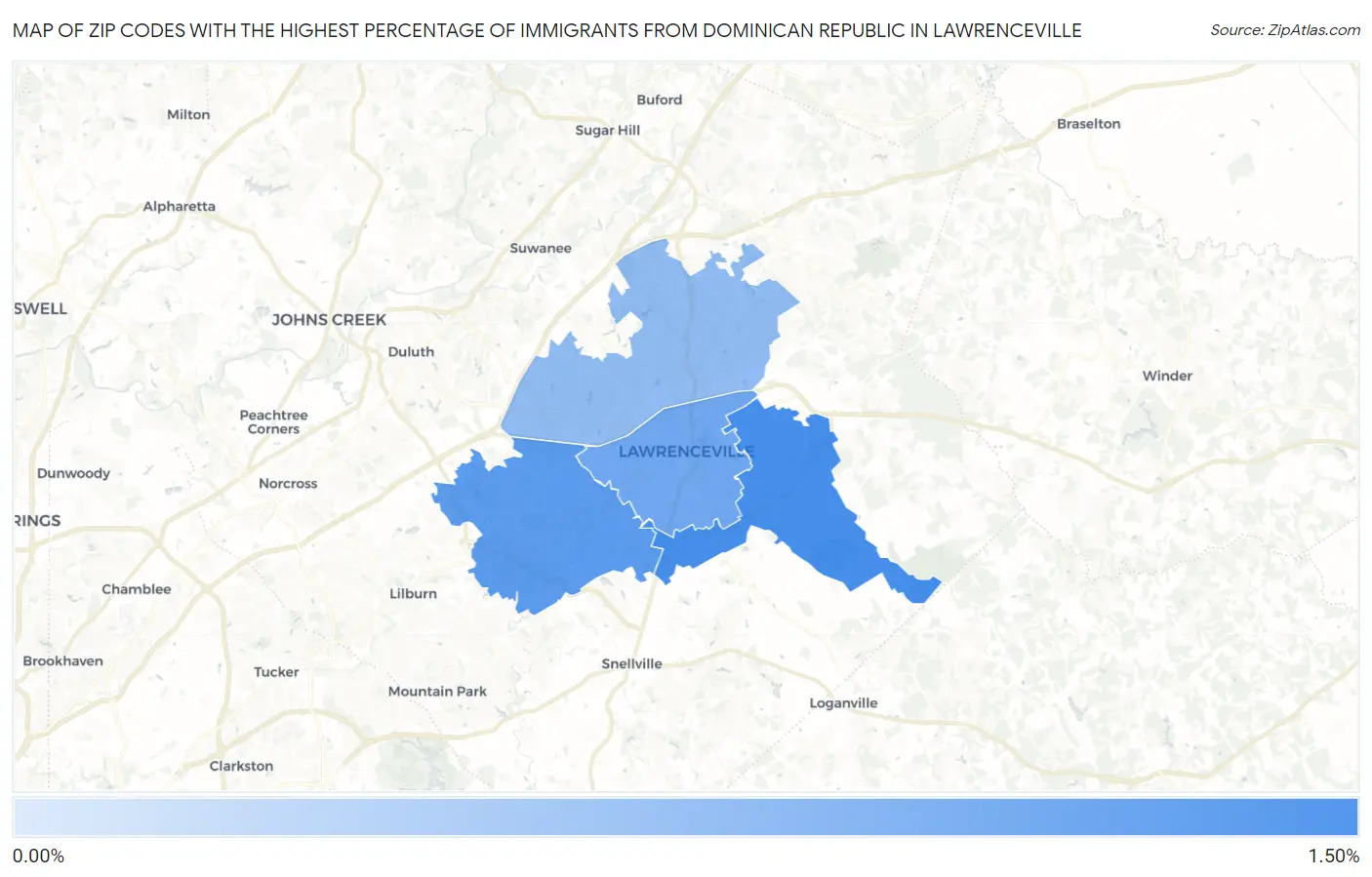 Zip Codes with the Highest Percentage of Immigrants from Dominican Republic in Lawrenceville Map